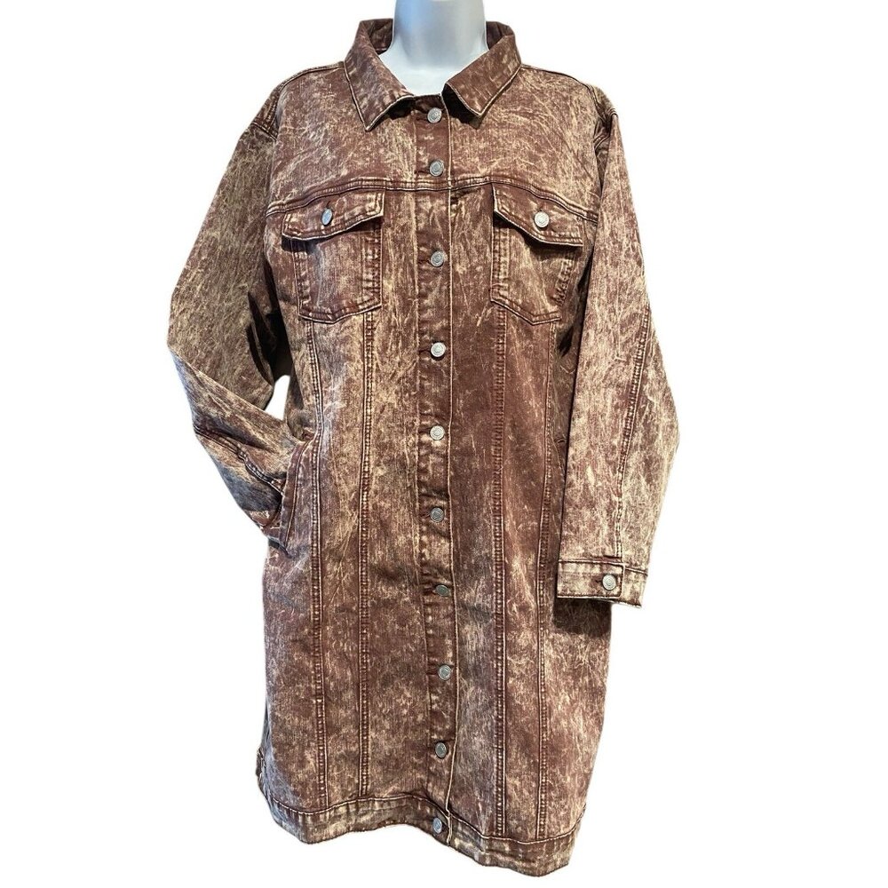 Thrill Women's Long Denim Jacket XL Dark Mauve Buttons Pockets Long Sleeve - Picture 2 of 12